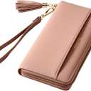 Travelambo Womens Wallet Tassel Bifold Ladies Cluth Wristlet Wrist strap Long Purse (Access Pink Lotus)