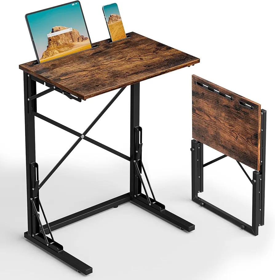 21''Wx28''H Folding TV Tray, Small Foldable C-Shaped End Table for Eating with Tablet and Phone Slots, Slide Under Couch Side Table for Recliner, Living Room, Bedroom, Rustic Brown