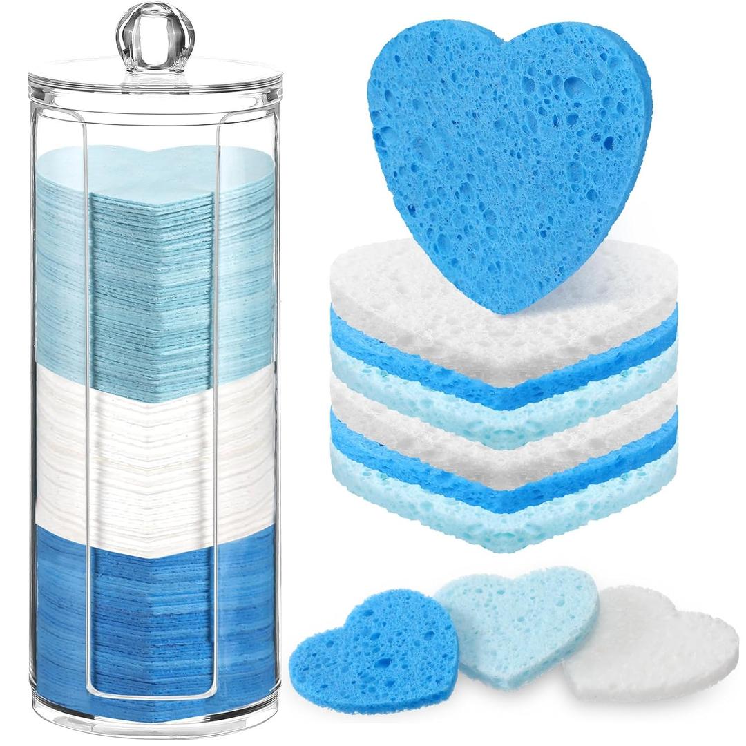 Sieral 120 Pcs Compressed Facial Sponges for Women with Container Disposable Face Sponge Pads for Washing Face Cleansing Exfoliating Esthetician Makeup Removal(Heart,Blue, Light Blue, White)