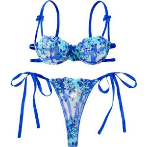 Lilosy Sexy Tie Side Cute Underwire Push Up Strappy Embroidered Mesh Sheer Lingerie Set (Small, Bow Flower Blue)
