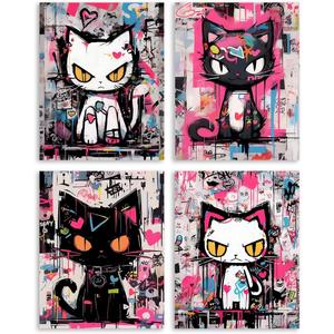 Cat Posters Graffiti Wall Art Canvas Prints,Funny Bathroom Art Decor Girls Bedroom Anime Wall Decor Set of 4 (8"x10",Unframed).