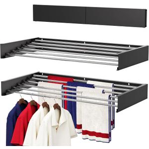 Wall Mounted Drying Rack 40", Foldable Laundry Drying Rack with Stainless Steel Rods, Retractable Laundry Space Saver for Indoor & Outdoor Use, Include Wall Template, 40" Wide