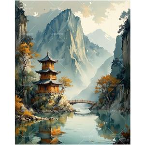TAOPAOLAB Scenic Paint by Numbers Kit for Adults - DIY Mountain Pagoda and River Landscape Painting on Canvas 16x20In, Framed Acrylic Paint Set for Beginners, Art for Home Decoration or Gifts