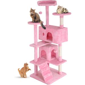 FDW | 54" Cat Tree Tower | Pink | Multi-Level Indoor Activity Center with Sisal Scratching Posts, Condos, Plush Perches, Hanging Cat Toys | Sturdy, Easy to Assemble | for Kittens & Adult Cats