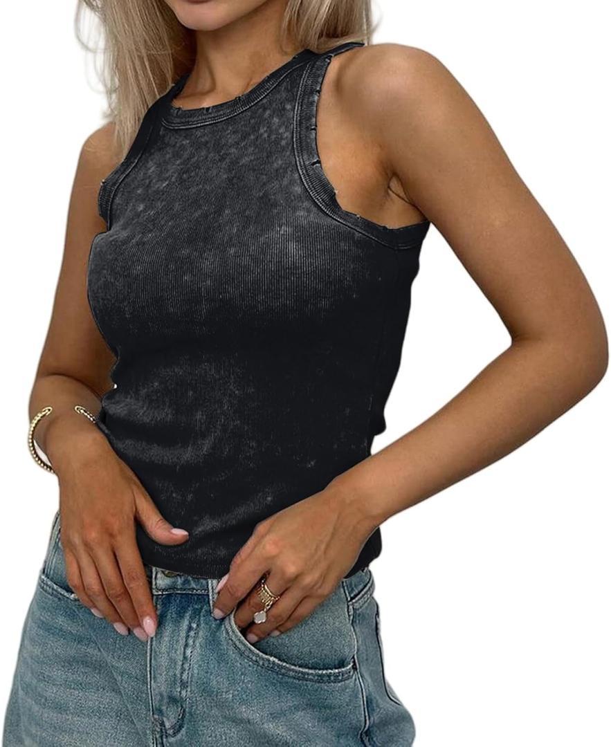 KEEPSHOWING Acid Washed Tank Top for Women Sleeveless Crewneck Ribbed Knitted Crop Tops Ripped Basic Slim Camis(BK,S) Black (Green, S)