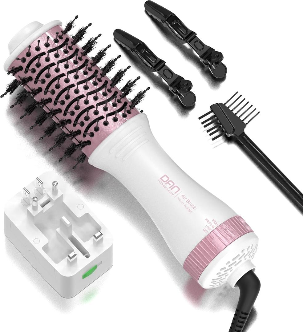 DAN Auto Dual Voltage Hair Dryer Brush(100V-240V),Travel Hair Dryer Brush with Multi-Function Plug Adapter,One Step Blow Dryer Brush and Styler Volumizer (White)
