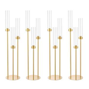 Vincidern 4pcs Gold Candelabra 3 Arm Taper Candle Holders with Acrylic Lampshade, 33.8'' Tall Candelabra Centerpiece for Table, Wedding, Party, Events Decorations, Candlestick Holders Fit LED Candles