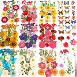 235 Pcs Pressed Dried Flowers for Resin, Natural Real Dried Pressed Flowers for Crafts, Bulk Dry Flowers for Resin Molds, Candles, DIY Art Jewelry Making with Tweezers Butterfly Stickers Set Decorate