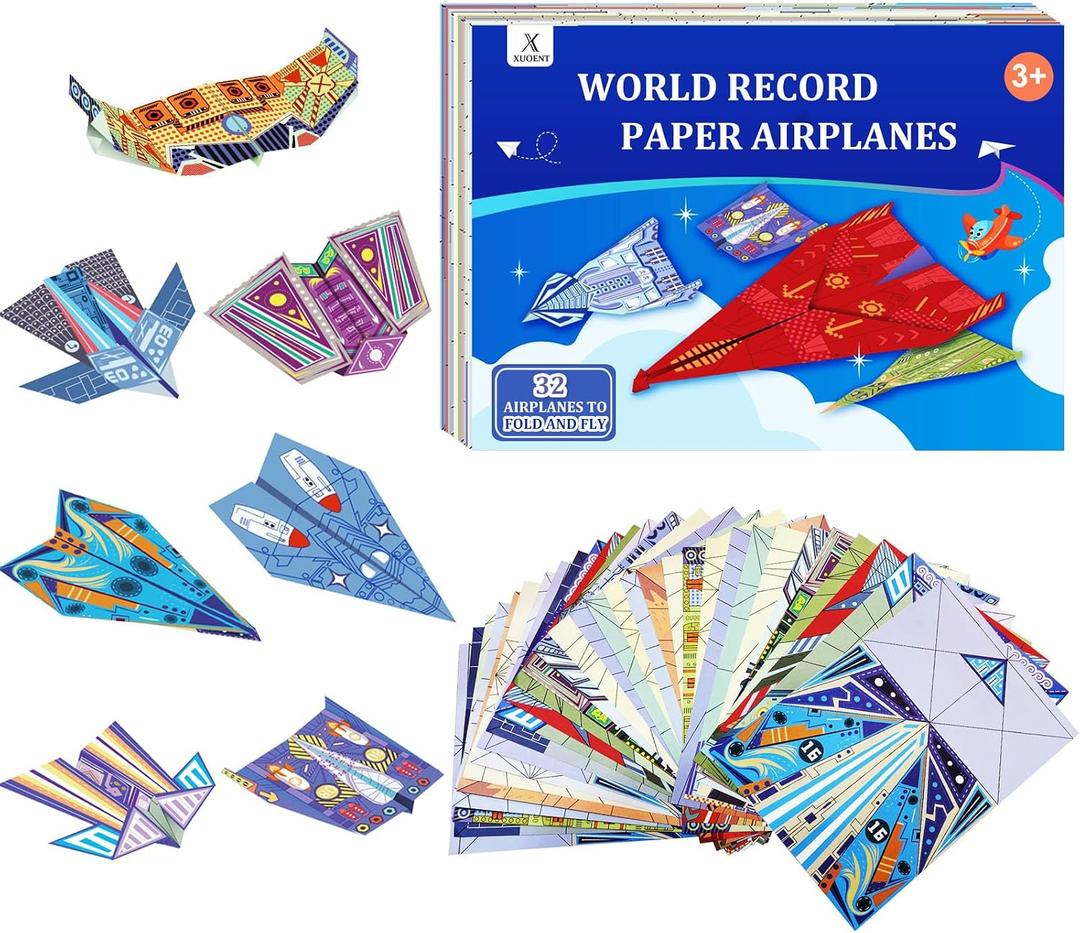 Paper Airplane Kits with 16 Classic Designs, 32 Sheets of Colorful Origami Paper, World Record Paper Planes, Craft Kit for Kids, Airplane Gifts for Boys and Girls Ages 6-12+ (Digital Manual Only)