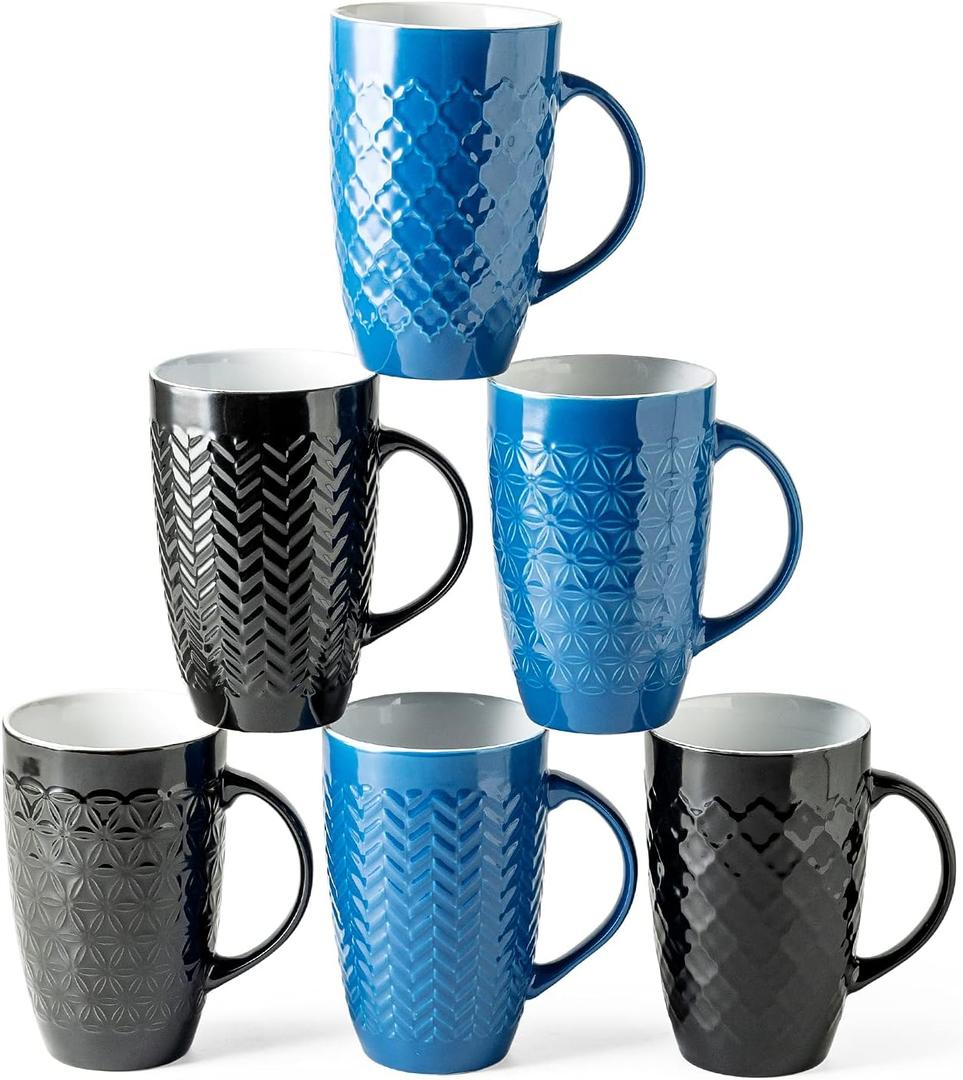 AmorArc Large Coffee Mugs Set of 6, 20oz Ceramic Tall Coffee Mugs Set with Textured Geometric Patterns for Latte/Tea/Beer/Hot Cocoa, Dishwasher & Microwave Safe, Multi (Black&Blue)