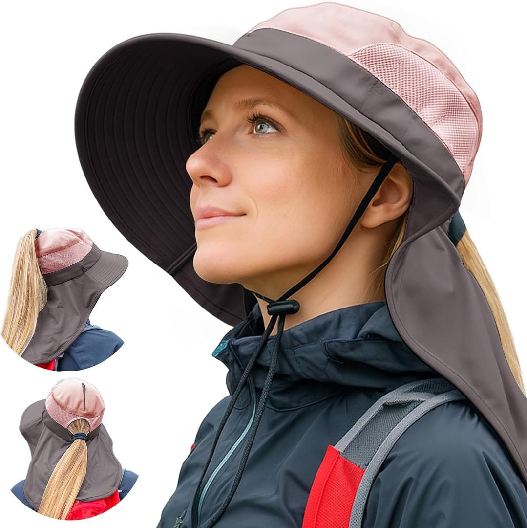 Womens Wide Brim Long Flap High Ponytail Messy Bun Mesh Sun Hat L XL Extra Large Size UV Protection Sunhat Summer Golf Hiking Safari Outdoor Fishing SPF50 Pink