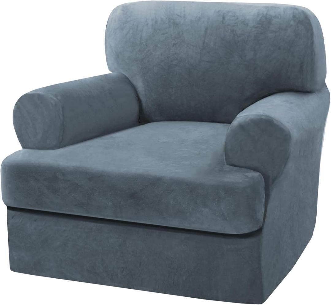 H.VERSAILTEX Sofa Cover 2 Piece T Cushion Armchair Slipcovers Thick Velvet Couch Cover Furniture Protector Stretch T Cushion Sofa Covers for 1 Cushion Couch with 1 T Cushion Covers, Stone Blue