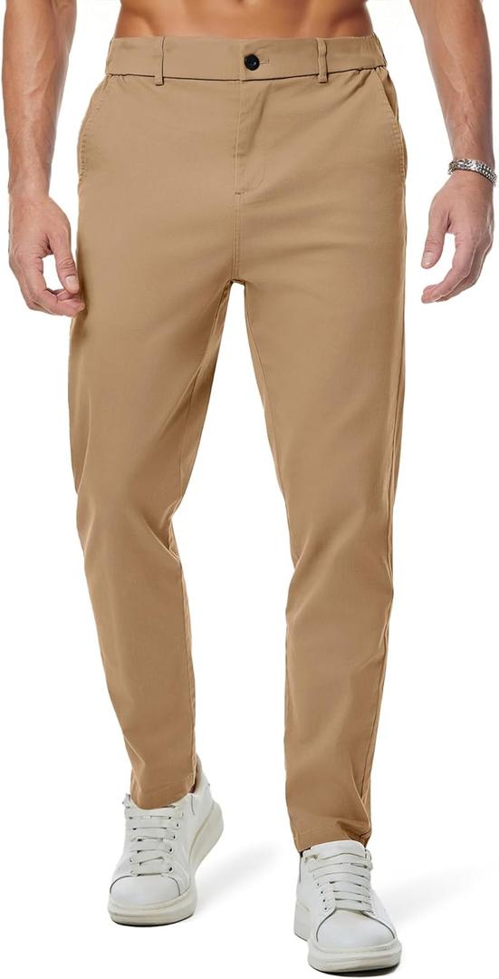 JMIERR Men's Stretch Chino Pants Business Casual Essentials Elastic Waist Relaxed Fit Tapered Cotton Twill Work Athletic Golf Dress Trousers, L, Khaki