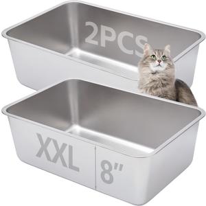 Stainless Steel Cat Litter Box 2 Pack,Metal Litter Box for Big Cats 8IN Deep, Metal Pet Toilet Easy to Clean,High Sided Litters Pan for Adult Cats,Non Stick, No Smell