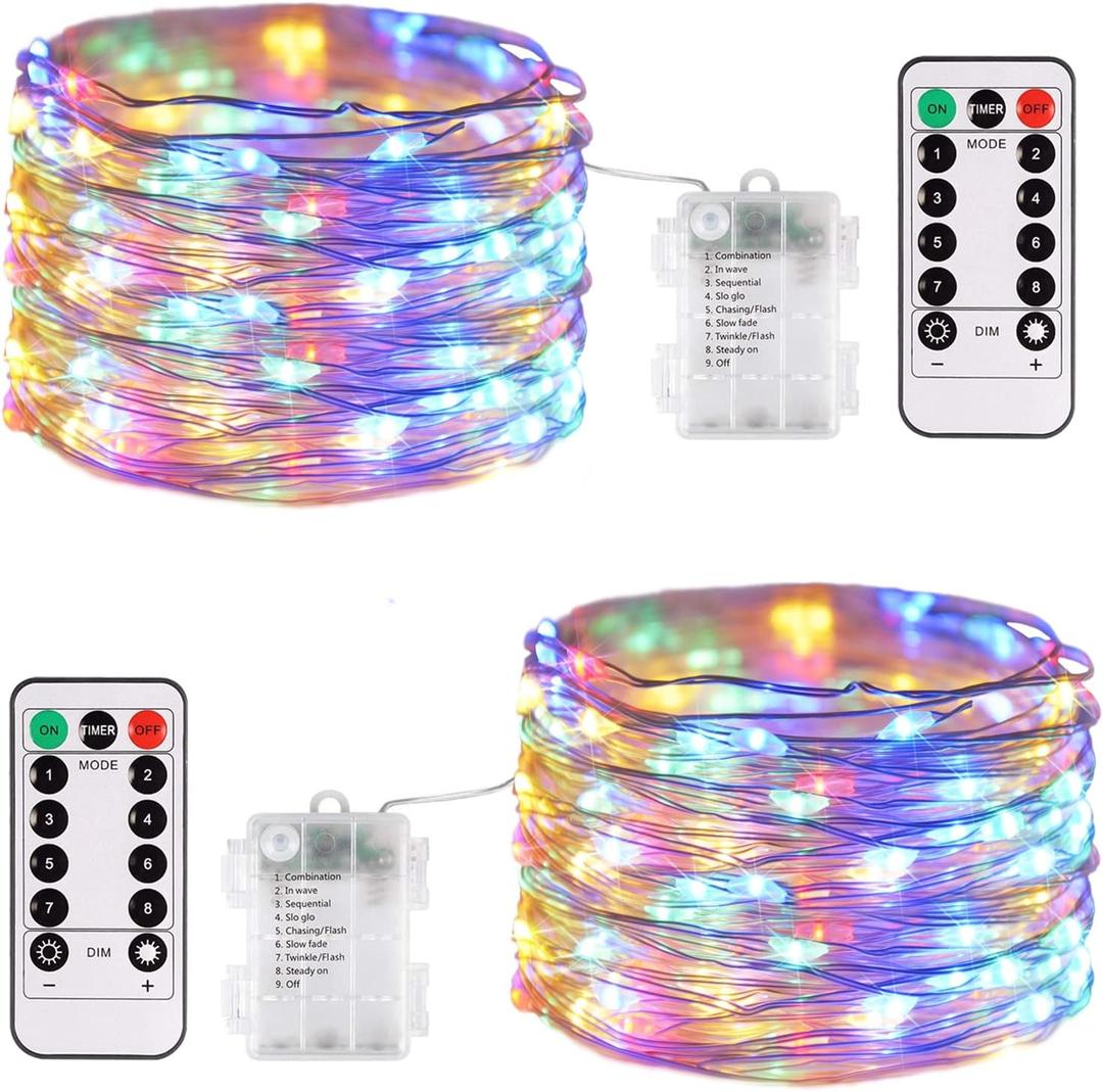 JMEXSUSS 2 Pack Multicolor Fairy Lights Battery Operated, Total 200 LED 66ft Indoor Christmas Twinkle Lights with Remote, 8 Modes Multicolor String Lights for Bedroom Wedding Birthday Party