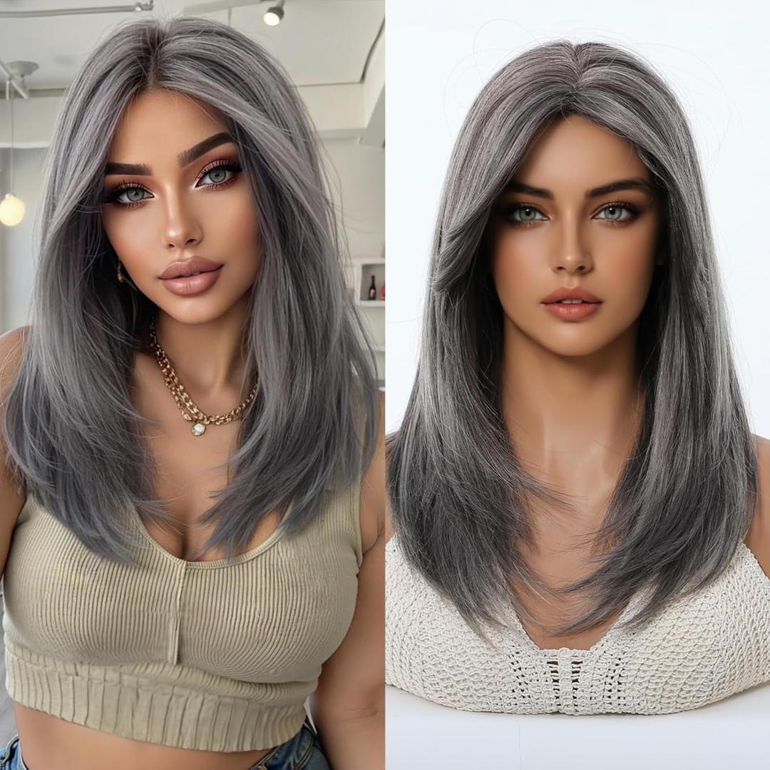 Medium Length Black Mixed Gray Human Hair Wig Layered Straight with Bangs Glueless Wear and Go Natural Looking for Women Daily Party (Black Mixed Gray,16inch)