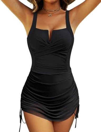 VIMPUNEC Women One Piece Swim Dress Tummy Control Swimsuit Modest Bathing Suit Slimming Mesh Swimwear, Large