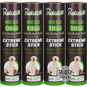 10 inch Lint Roller Refill Compatible with Large Mega 10 in Wide Lint Rollers, Pack of 4 Refills, 60 Sheets per Refill, Total 240 Extreme Stick Sheets