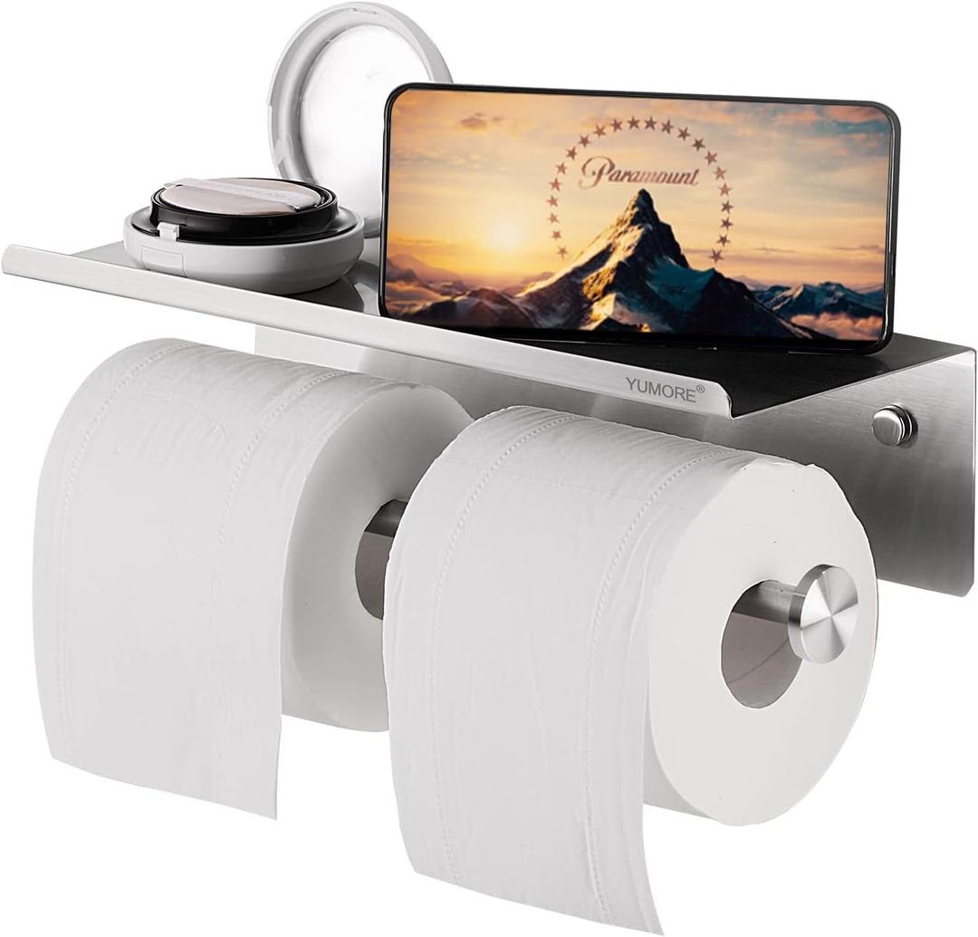 YUMORE Toilet Paper Holder, 304 Stainless Steel Bathroom Double Roll Tissue Holder with Shelf, Wall Mounted Washroom Dual TP Dispenser Storage, Flushable Wipes Dispenser, Brushed Nickel Finish