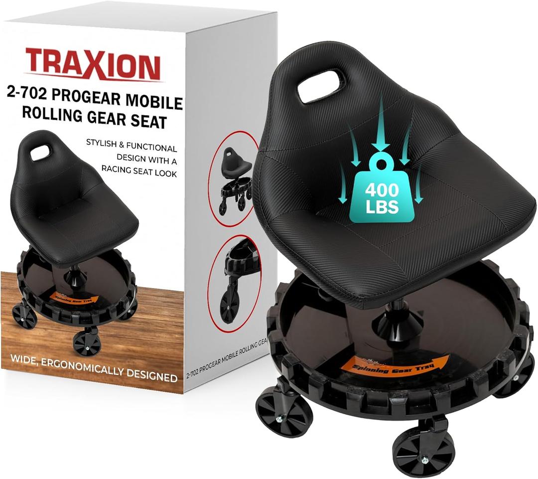Traxion 400lb Capacity 2-702 Carbon Fiber Simulated Progear Mobile Rolling Gear Seat (Black)