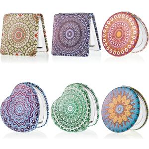 Mandala Design Pocket Mirror Mini Travel Makeup Purse Compact Accessories Beauty Magnifying Double Sides Pocket Mirror Portable Handheld Folding PU Leather Supply for Women(6 Pieces)