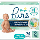 Pampers Pure Baby Diapers, Size 2, Up to 100% Leakproof, Premium Hypoallergenic Soft Diapers, 1 Pack (Count of 74)
