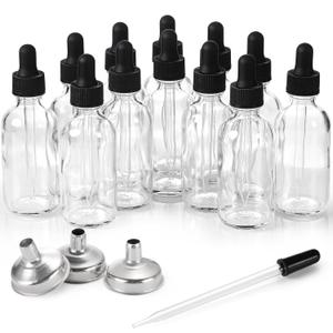 12 Pack, 2 oz Glass Eye Dropper Bottles w/ 3 Stainless Steel Funnels & 1 Long Pipette Dropper & 24 Labels - 60ml Clear Tincture Bottles for Essential Oils, Liquids - Leakproof Travel Essential Bottles