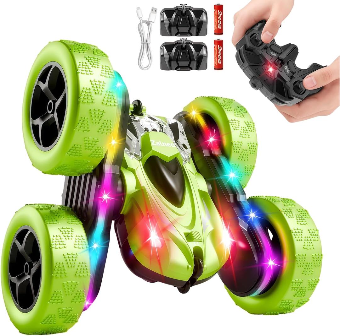 Remote Control Car – 4WD 360° Flip Double‑Sided RC Stunt Car LED Light Bar & USB‑C Modular Battery, Off‑Road Toys for Boys Ages 6‑12, Birthday Gift, Black‑Green, 6.4 x 6.4 x 2.9 inches