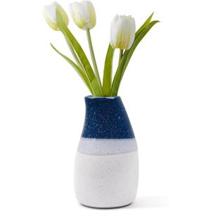 Ceramic Vase – 5.9” Tall Handmade Blue and White Glazed Pottery for Home Decor – Modern Asymmetrical Flower Vase for Living Room, Shelf, Table Centerpiece – 18oz / 500ml