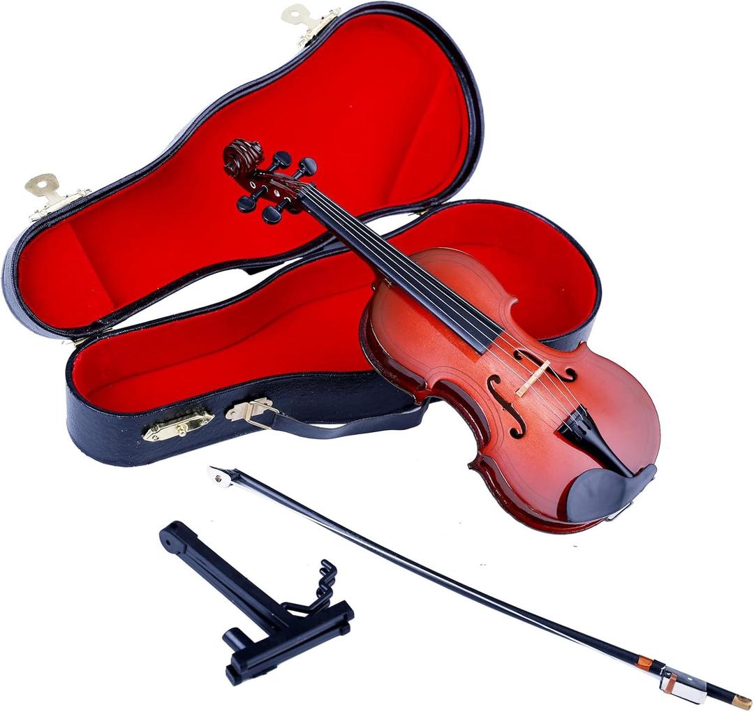 Wooden Miniature Violin with Stand, Bow and Case Mini Musical Instrument Violin Replica Collectible Figurines Dollhouse Accessories Model Home Decoration Display Ornament (7.87"x2.76"x1.26")