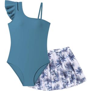Girls Swimsuit One Piece Swimwear Top with Tropical Print Cover Up Skirt Girls Bathing Suit 7-16 Years (13-14 Years, Deep Blue)