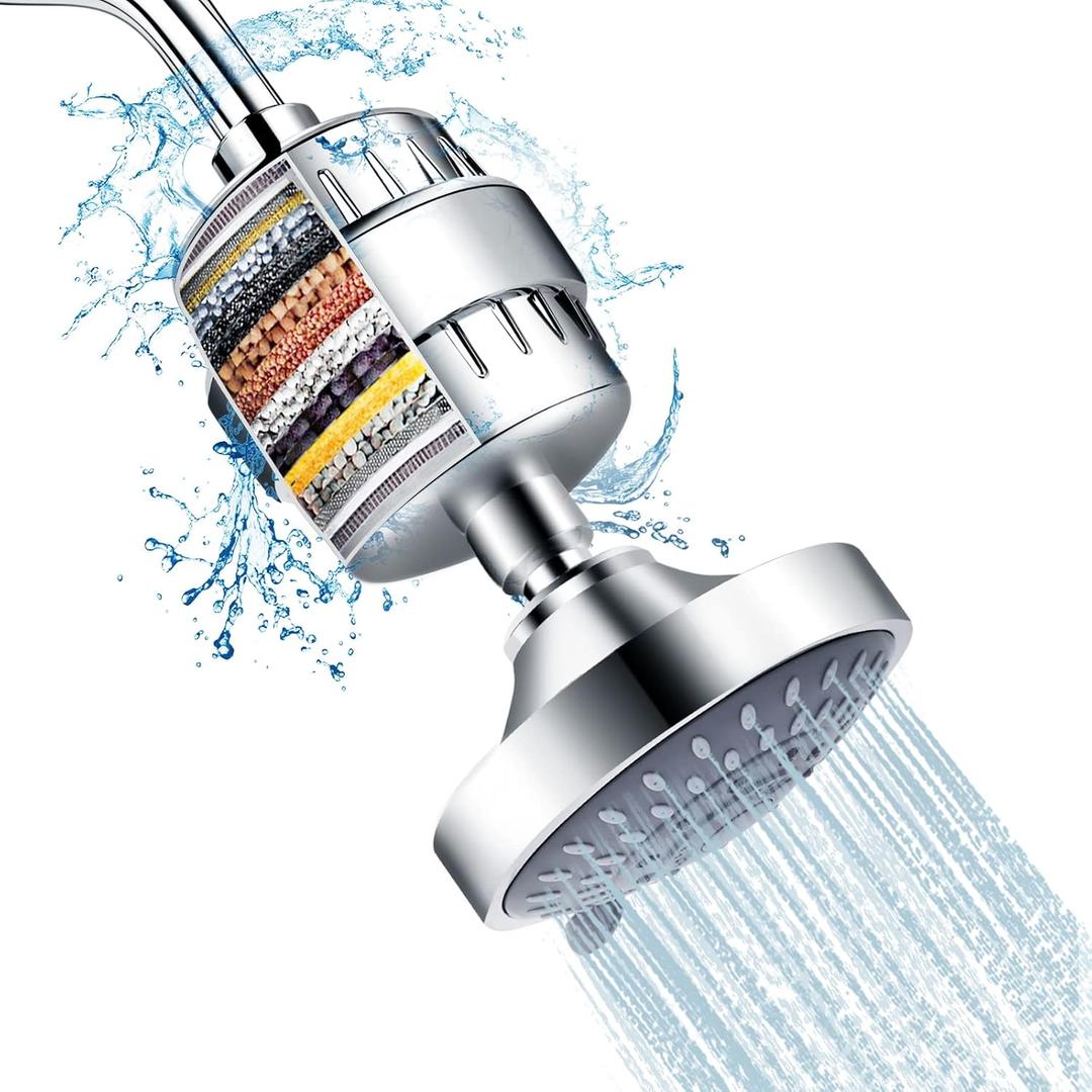 FEELSO Shower Head and 15 Stage Shower Filter Combo, High Pressure 5 Spray Settings Filtered Showerhead with Water Softener Filter Cartridge for Hard Water Remove Chlorine and Harmful Substances (Chrome)