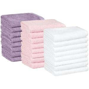 Amazon Basics Washcloth for Bathroom, 100% Cotton Extra Absorbent , Fast Drying - Salon Towels - 24-Pack, Petal Pink, Lavender, White, 12 x 12 in