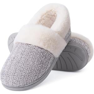 Evshine Women's Fuzzy Memory Foam Slippers, Closed Back Knit Bedroom Slippers, Slip-On Warm House Shoes for Indoor & Outdoor Comfort (7-8, Grey)