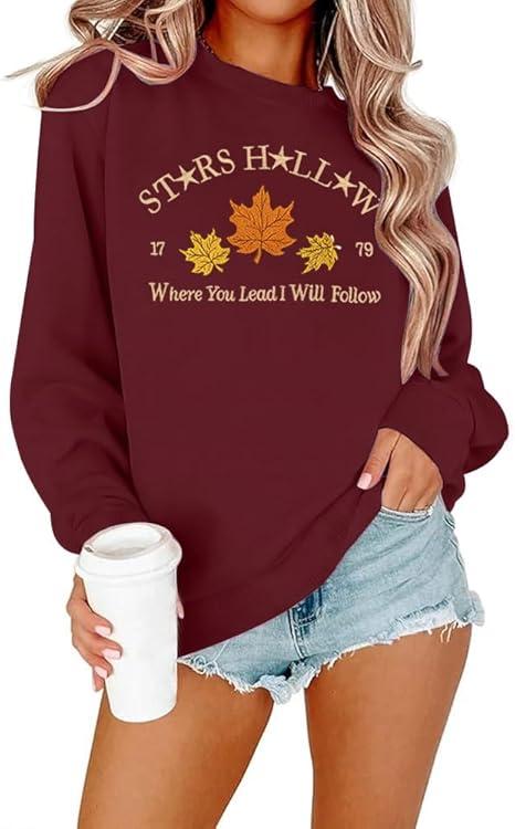 Stars Hollow Sweatshirt Women Leaf Graphic Long Sleeve Shirt Fall Vacation Crewneck Drop Shoulder Pullover Tops, Size: XL