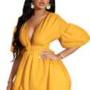 WDIRARA Women's Deep V Neck Puff Sleeve High Rise Flare Dress Elastic Waist Dress (Medium, Yellow)