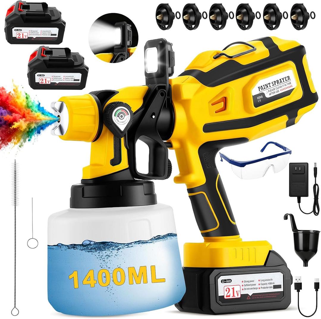 Cordless Paint Sprayer with LED Light, 2 * 4000mAh 21V Battery, 6 Nozzles & 3 Spray Modes, Spray Paint Gun with 1400ML Container, Handheld Paint Sprayer for House Painting Furniture Cabinets, Yellow
