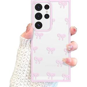 EYZUTAK Case for Samsung Galaxy S25 Ultra, Clear Cute Ribbon Bowknot Pattern Aesthetic Transparent Phone Case Raised Camera Protection Stylish Slim Soft Durable TPU Protective Cover for Women - Pink