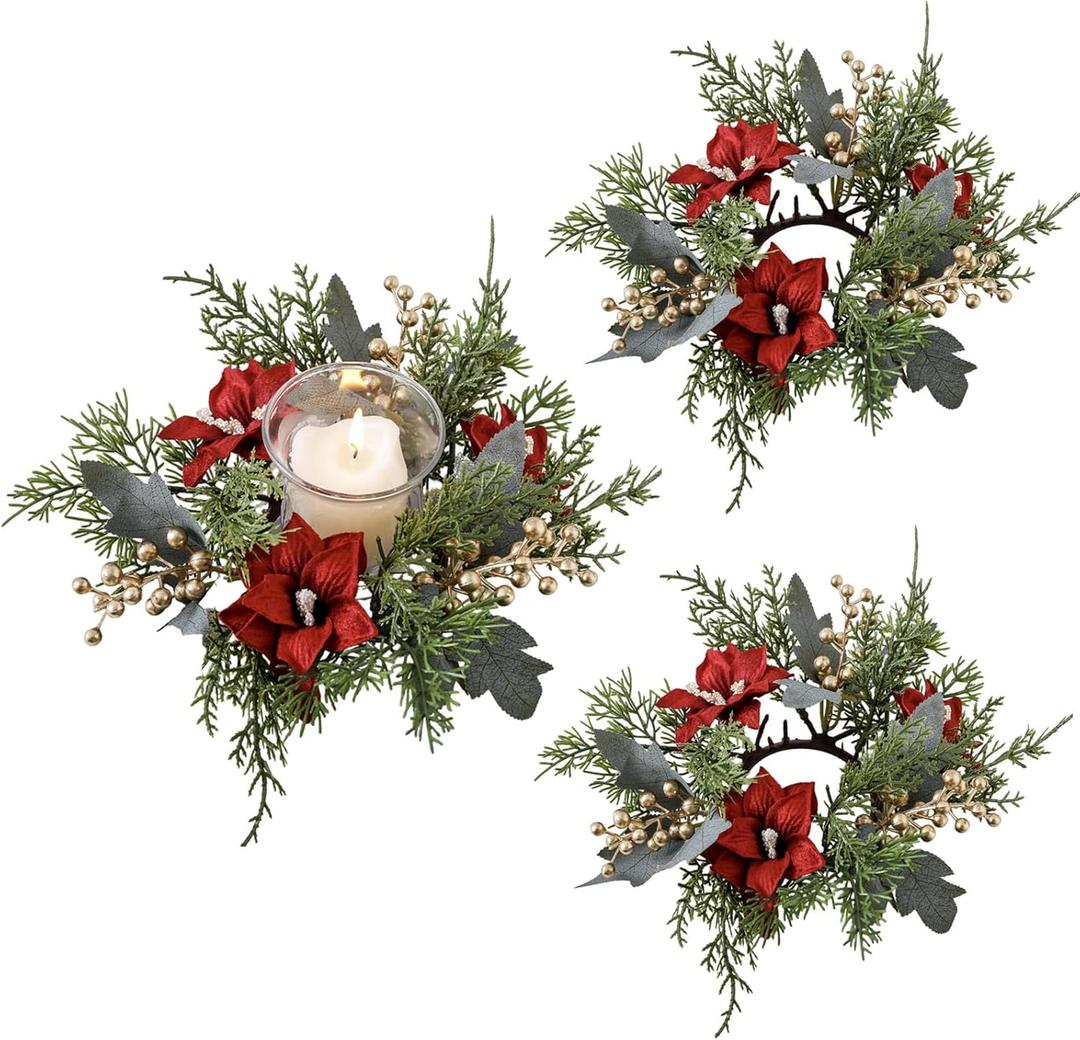2 Pieces Christmas Candle Rings Wreaths,Artificial Flower Gold Berries Candle Holder Rings, Pine Needles Garland Decorations for Tables Centerpieces,Winter Wedding Xmas Home Decors Christmas Ornaments (Green)