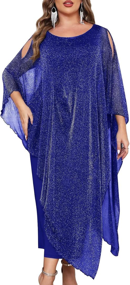 CYCLAMEN Plus Size Sparkly Formal Dress Maxi Long Cape Overlay Wedding Guest Cocktail Mother of Bride Outfit Evening Gown, Royal Blue, 3X