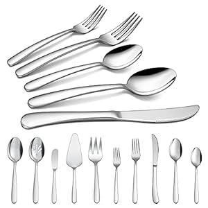LIANYU 45-Piece Heavy Duty Silverware Set with Serving Utensils, Stainless Steel Flatware Cutlery Set for 8, Eating Utensils Tableware Include Forks Knives Spoons, Mirror Finished, Dishwasher Safe