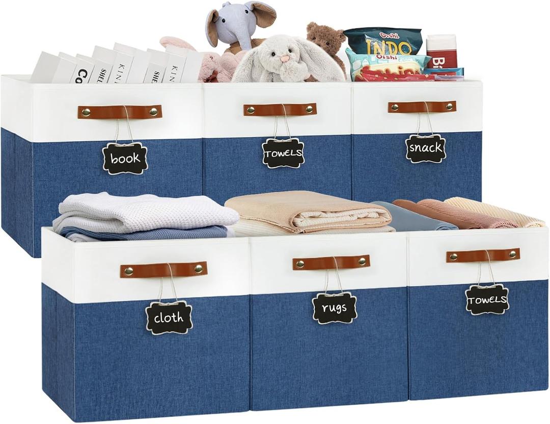 13x13 Storage Cubes 6-Pack, Large Foldable Fabric Cube Storage Bin with Reinforced Bottom and Labels, Organizer Baskets for Shelves, Closets(White/Blue)