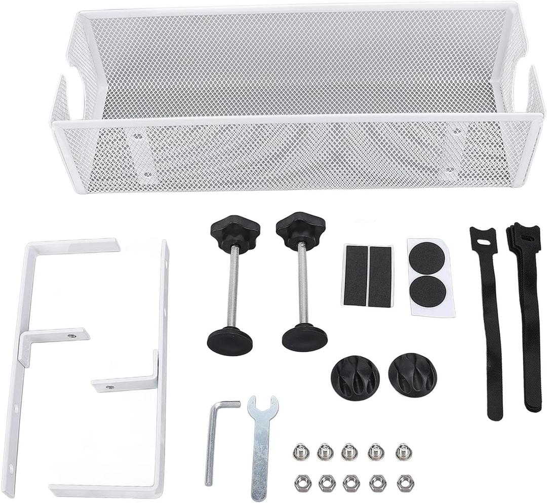 Under Desk Cable Management Tray, Carbon Steel Cord Organizer with Side Round Hole and Trapezoidal Design, Scratch Clips for Office Study Desk (White)