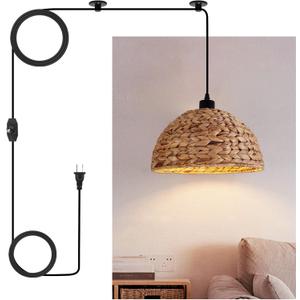 Plug in Pendant Light, 11.8" Boho Rattan Hanging Lights with On/Off Switch & Handmade Woven, Farmhouse Wicker Dome Pendant Light for Kitchen Island Dining Room Bedroom Hallway Foyer, Rattan C