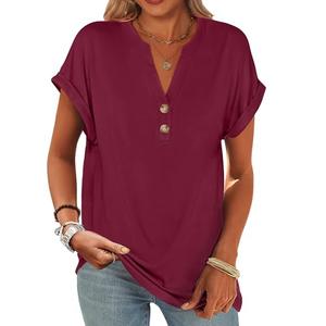 ANRABESS Womens Short Sleeve Henley Tops V Neck Dressy Casual Loose Fit Shirts Summer Flowy Blouses 2025 Trendy Clothes Burgundy L