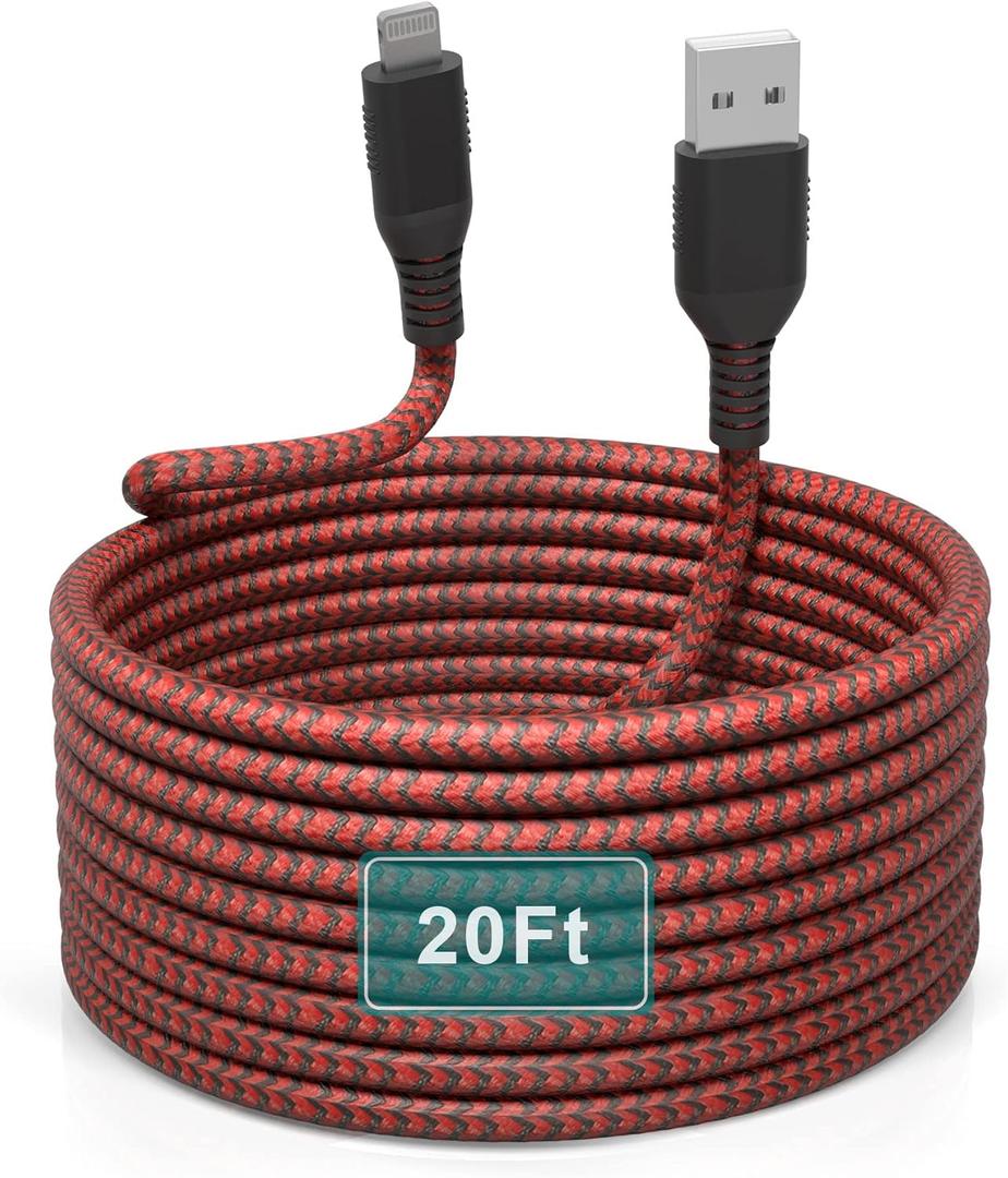 Long iPhone Charger Cord 20FT/6M [Apple MFi Certified]Lightning Cable Extra Long iPhone Charging Cord Nylon Braided Apple Charger Cable 2.4A for iPhone 13 12 11 Pro X XS Max XR/8 Plus/7 Plus/6/6s Plus (20FT USB to Lightning Cable (Red and Black))