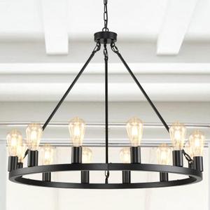 12 Lights Wagon Wheel Chandelier,31.5 inch Black Round Rustic Industrial Vintage Farmhouse Chandeliers for Outdoor Porch High Ceilings Living Dining Room Foyer Entryway