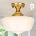 12" Brass Schoolhouse Lights Fixture Milk Glass Light Fixtures Mid Century Light Fixtures School House Lights Fixture Ceiling Semi Flush Mount Ceiling for Bathroom Bedroom (Bulb Incl.)
