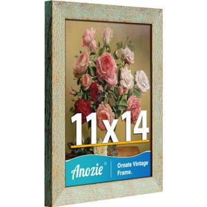 11x14 Picture Frame, Vintage Picture Frames 11x14 Plexiglass Glass for Wall Display, Rustic 11 x 14 Photo Frame Antique Gold Green, Widen Border