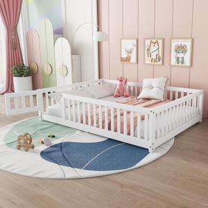 Full Size Floor Bed Frame with Slats and Safety Guardrail, Wood Full Size Montessori Floor Bed with Door and Fence, Easy Assemble Montessori Beds for Kids, Girls, Boys, White